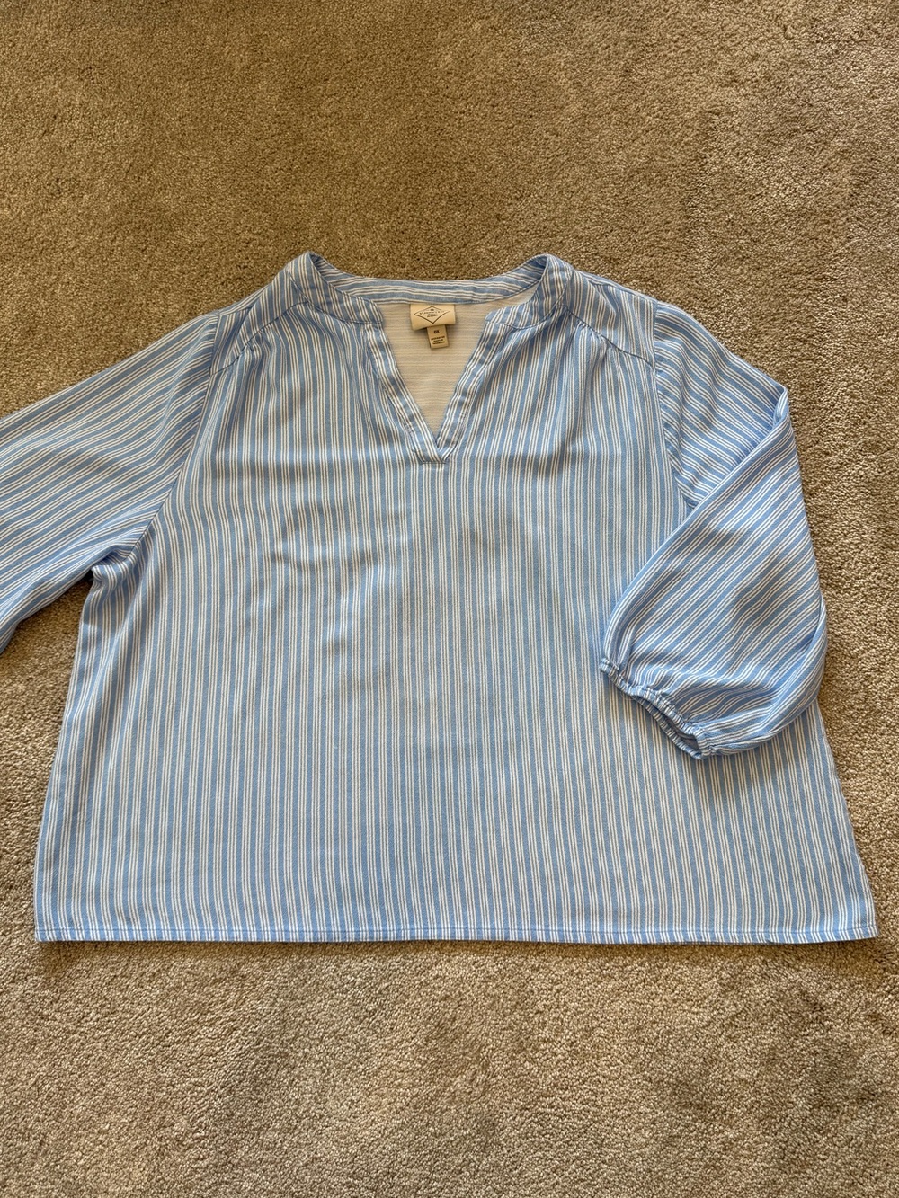 St John’s Bay 0X Blue White Striped 100% Rayon Peasant Blouse Plus Size EUC